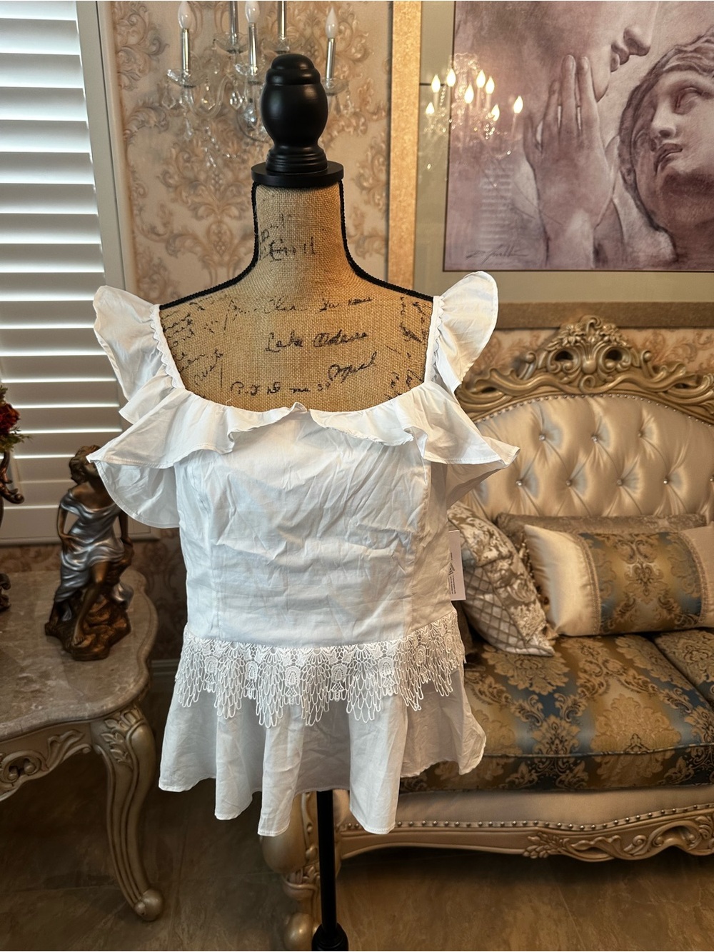 White Ruffle Lace Trim Women's Top - peplum